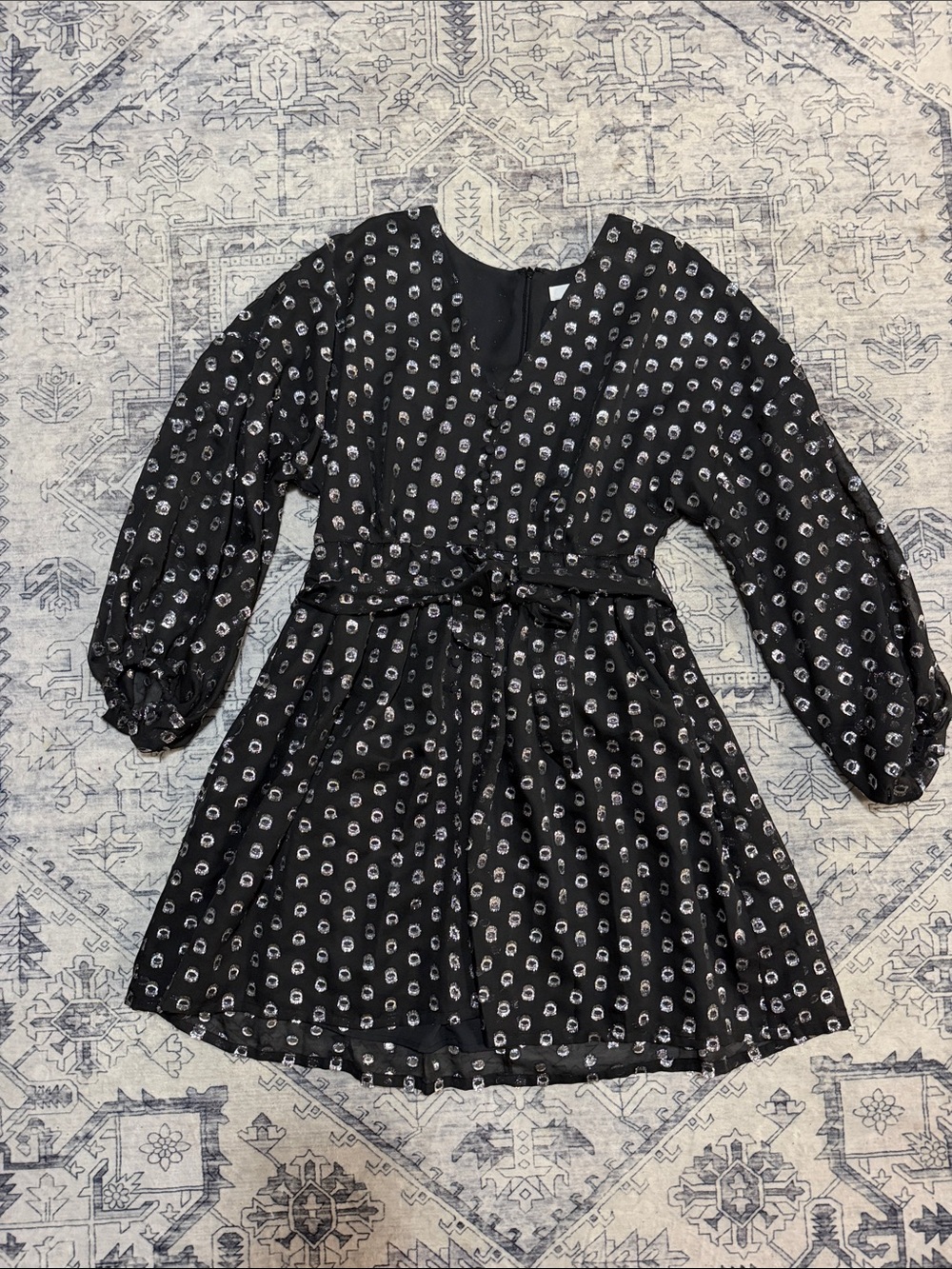 Womens Black Printed Long-Sleeve Party Dress